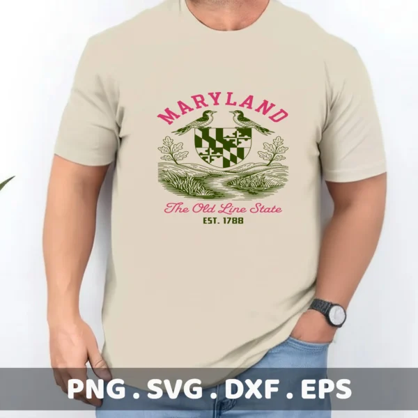Maryland Pride Cricut File: State coat of arms screen print design on a t-shirt for apparel.