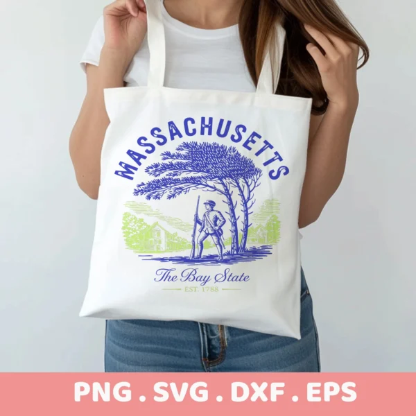 Massachusetts Vinyl Decal File: State seal serigraphy stencil design for a tote bag, featuring a colonial soldier.