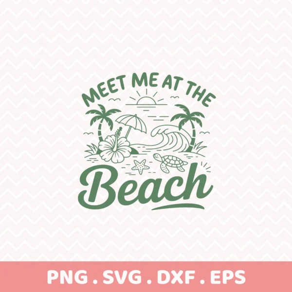 Meet Me At The Beach" SVG for Cricut; retro summer vacation serigraphy stencil.