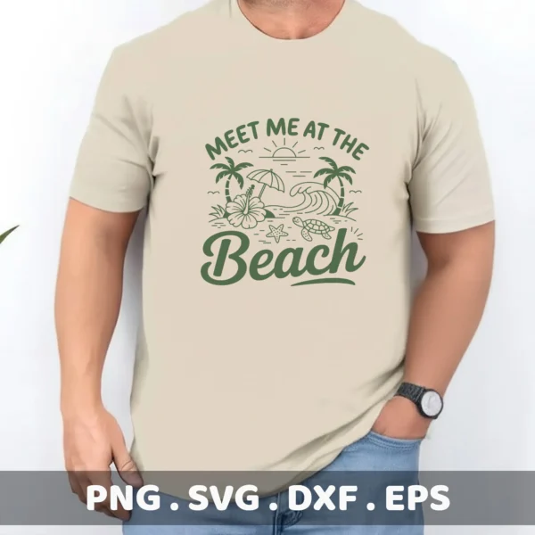 Meet Me At The Beach" SVG for a beach trip Cricut design on a t-shirt screen print.