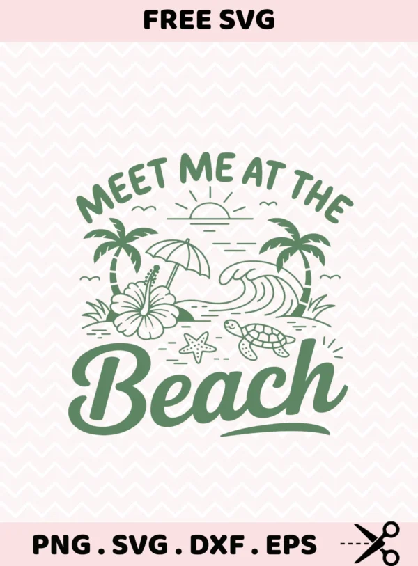 Meet Me At The Beach" SVG for Cricut; retro beach scene vinyl cut file for summer vacation planner stickers.
