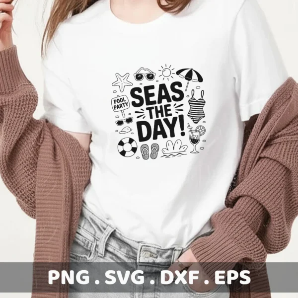 Seas the Day" summer quote as a Mermaid Vinyl Decal File for a Cricut t-shirt design.