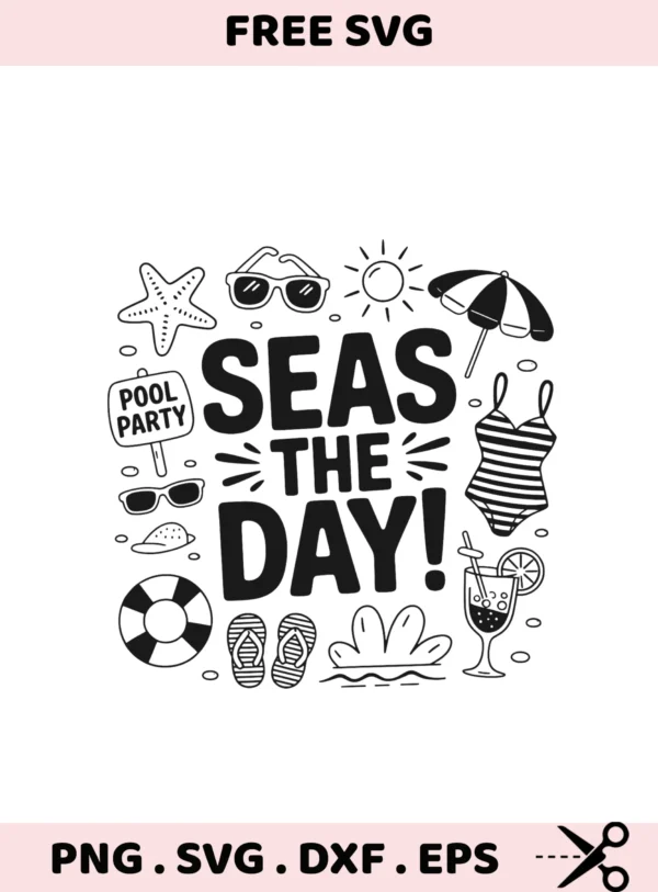 Seas the Day" beach SVG shown as a Mermaid Vinyl Decal File for Cricut cutting machines.