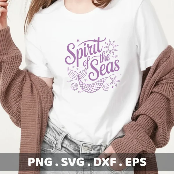 Spirit of the Seas" mermaid vinyl decal file for Cricut, shown on a t-shirt as a serigraphy stencil.