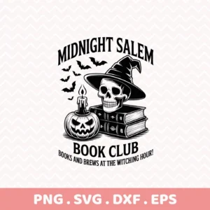 A black and white vector graphic for Halloween Book Club Cricut projects, featuring a skull wearing a witch hat atop stacked books, a jack-o'-lantern candle, and bats, suitable for cutting or serigraphy.