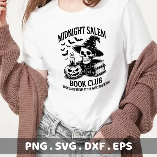 A white t-shirt displays a black and white Halloween book club design featuring a skull in a witch hat, bats, a jack-o'-lantern candle, and books, suitable for Cricut or serigraphy projects.