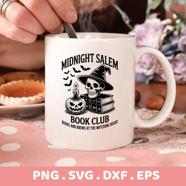 A white mug displays a black Halloween Book Club Cricut design featuring a skull in a witch hat, bats, a jack-o'-lantern candle, and books, suitable for cutting or serigraphy.
