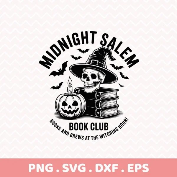 A black and white Halloween book club Cricut design featuring a skull wearing a witch hat atop a stack of books, a jack-o'-lantern with a candle, and bats, suitable for cutting or serigraphy.