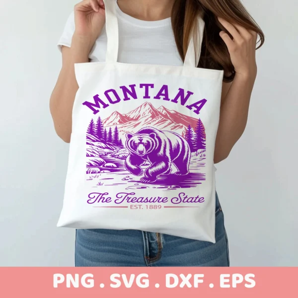 Montana Bear Cricut design on a tote bag, shown as a serigraphy stencil for apparel.