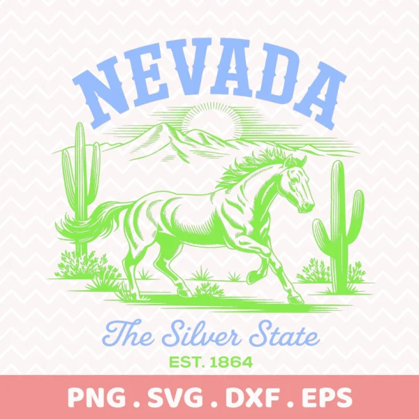 Nevada Horse vinyl decal for Cricut, a desert landscape serigraphy stencil with cactus and mountains.