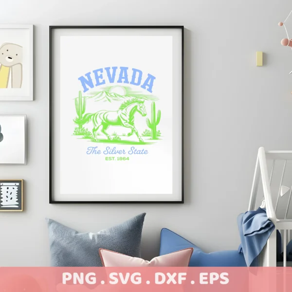 Nevada horse vinyl decal for Cricut, shown as a serigraphy stencil design with cactus and desert landscape art.