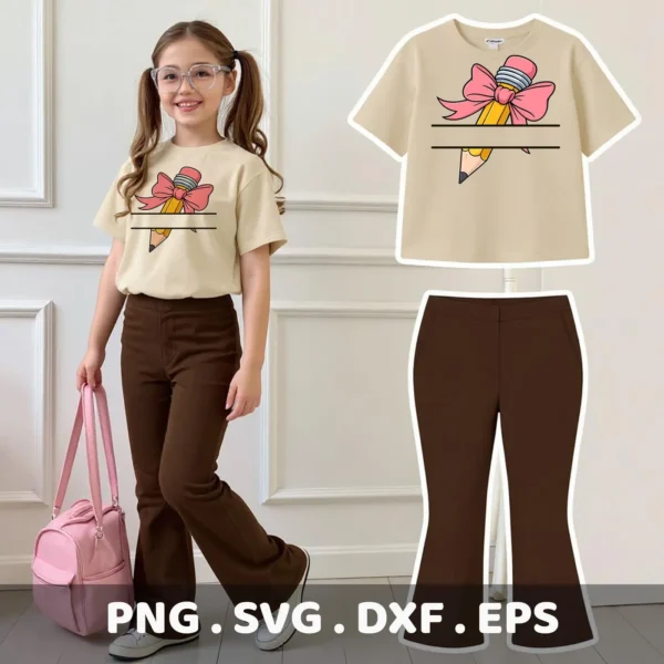 Pencil split name SVG for a teacher gift, shown as a Cricut cut file on a t-shirt.