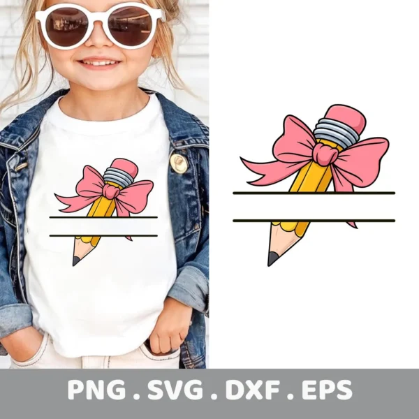 Pencil split name SVG with bow, shown as a Cricut cut file for a teacher appreciation gift.