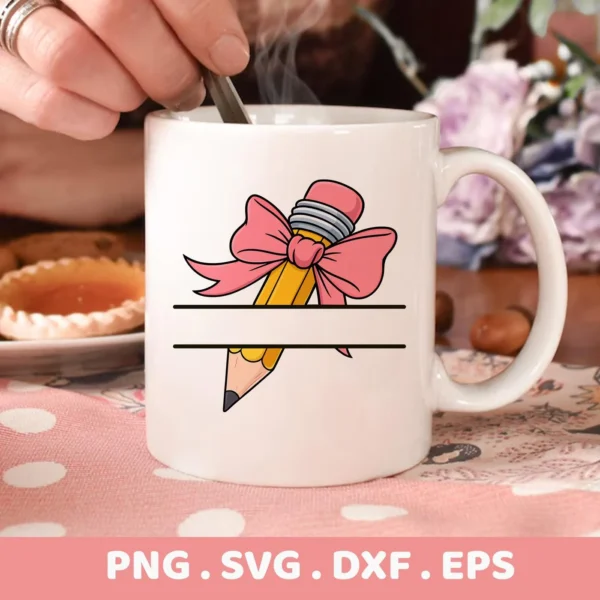 Pencil split name SVG for a teacher gift, shown as a Cricut vinyl decal on a coffee mug.