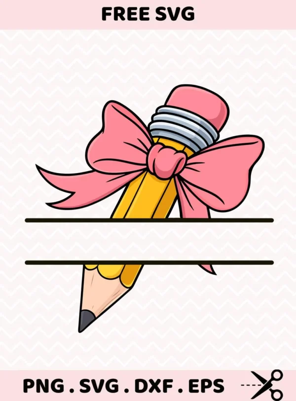 Pencil split name SVG with bow, for personalized teacher gifts as a Cricut cut file.
