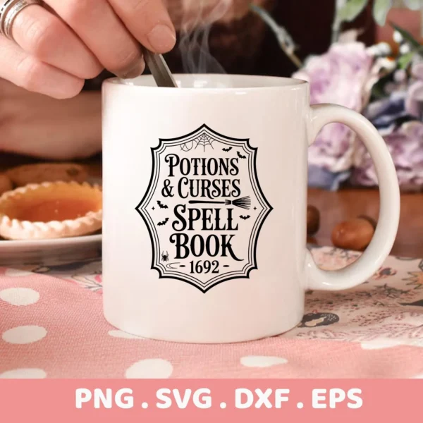 Close-up of a white mug featuring a "Potions & Curses Spell Book" design, a Halloween-themed Cricut design suitable for cutting and serigraphy applications.