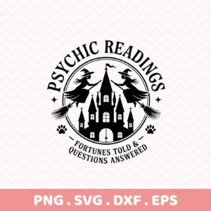 Halloween Psychic Reading Cricut design featuring witches flying on broomsticks over a castle, intended for cutting or serigraphy applications.