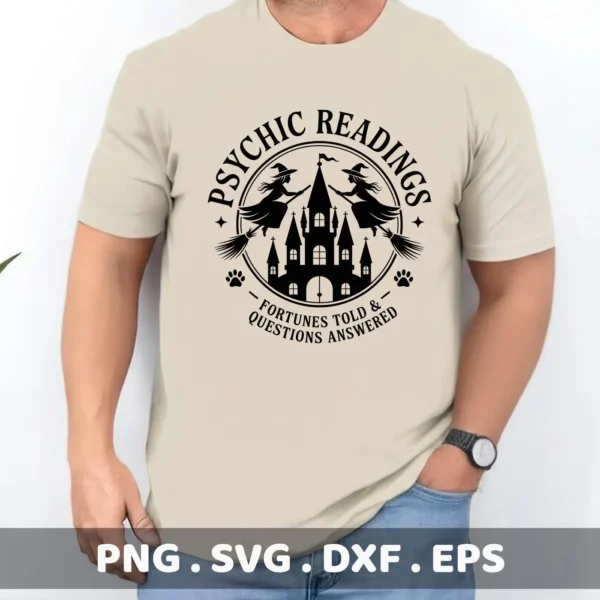 A beige t-shirt displays a black Halloween Psychic Reading Cricut design featuring witches on broomsticks flanking a castle, suitable for cutting or serigraphy.