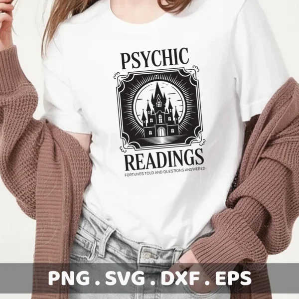 A white t-shirt displays a "Psychic Readings Cricut Design" featuring a haunted house graphic, intended for cutting and serigraphy applications.