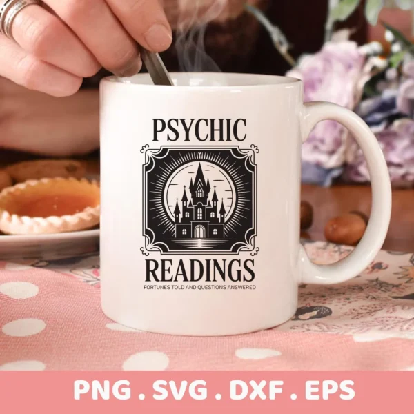 Close-up of a white mug featuring a "Psychic Readings" Cricut Design with a haunted house graphic, intended for cutting and serigraphy applications.