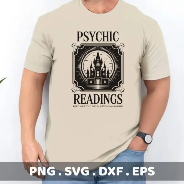 A man wears a t-shirt with a "Psychic Readings Cricut Design" featuring a haunted house graphic, suitable for cutting and serigraphy applications.