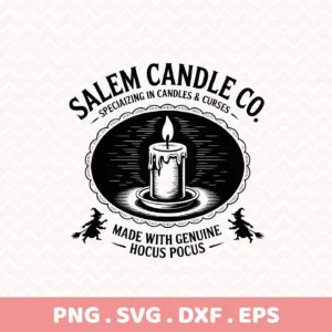 Halloween candle SVG design for cutting and crafting projects, featuring a vintage-style candle illustration and witch silhouettes.