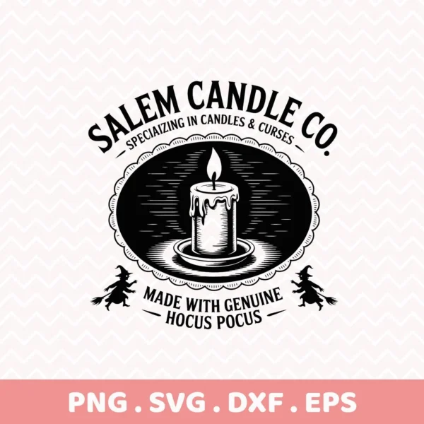 Halloween candle SVG design for cutting and crafting projects, featuring a vintage-style candle illustration and witch silhouettes.