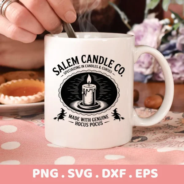 Halloween candle SVG design featuring a witchy candle company logo, ideal for Cricut cutting and other crafting projects.