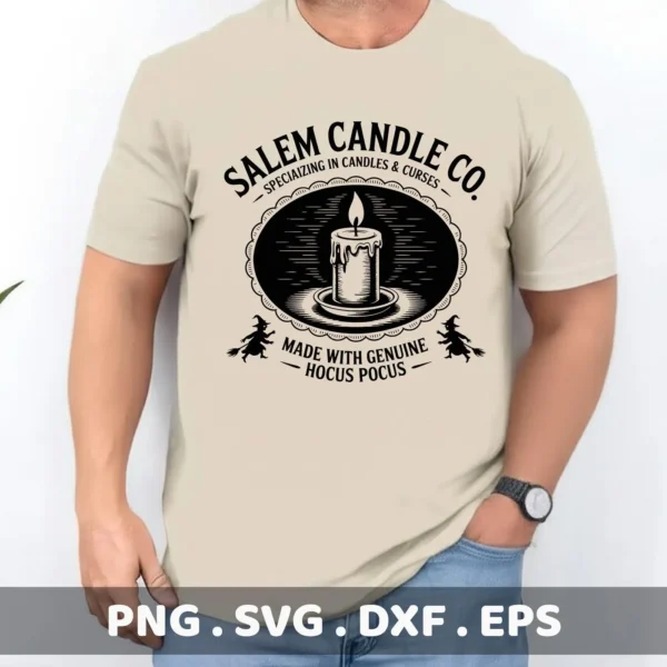 Halloween candle SVG design for cutting and screen printing, featuring a vintage-style candle graphic and witch imagery on a t-shirt.