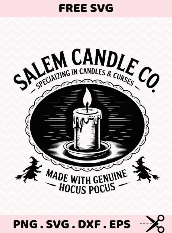 Halloween-themed "Salem Candle Co." SVG design featuring a lit candle and witches, ideal for cutting machines or screen printing onto t-shirts and other spooky season decorations.