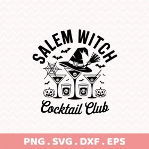 Black and white vector graphic for cutting or serigraphy featuring a witch's hat and broom atop a martini glass, flanked by skull-adorned cocktails, pumpkins, bats, and a spiderweb, with the text "Salem Witch Cocktail Club.