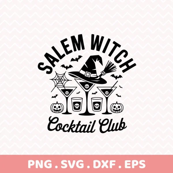 Black and white vector graphic for cutting or serigraphy featuring a witch's hat and broom atop a martini glass, flanked by skull-adorned cocktails, pumpkins, bats, and a spiderweb, with the text "Salem Witch Cocktail Club.