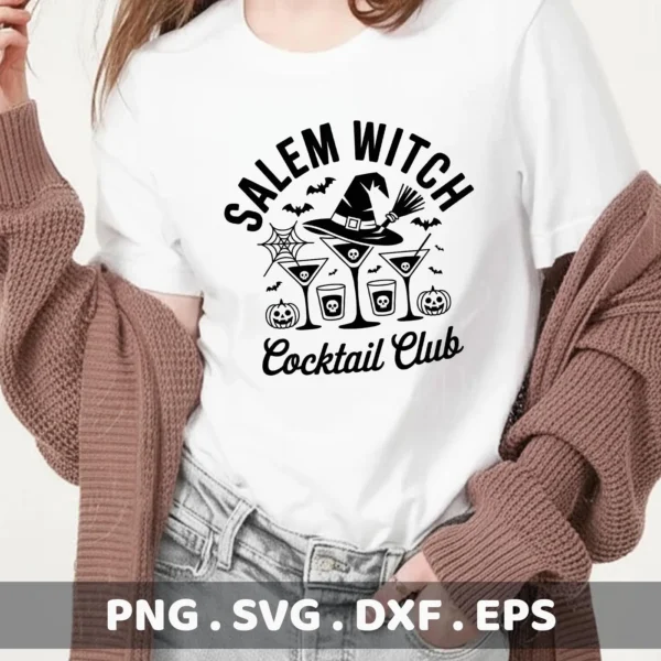 A Halloween-themed "Salem Witch Cocktail Club" design featuring a witch hat, cocktails with skulls, bats, and spiderwebs, intended for Cricut cutting or serigraphy on apparel.