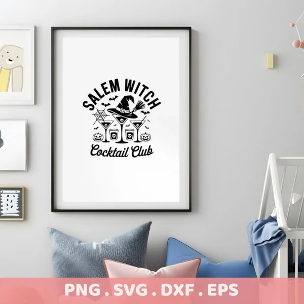 Black and white vector graphic of a "Salem Witch Cocktail Club" design featuring a witch hat, cocktails, bats, and pumpkins, suitable for Cricut cutting or screen printing.