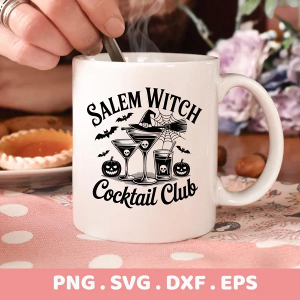 Close-up of a white mug featuring a "Salem Witch Cocktail Club" design with bats, pumpkins, and skull-adorned cocktail glasses, intended for Cricut cutting and serigraphy applications.