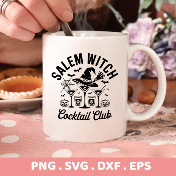 A white mug features a black "Salem Witch Cocktail Club" design with a witch hat, bats, spiderweb, skull-filled martini glasses, and pumpkins, intended for Cricut cutting or serigraphy applications.
