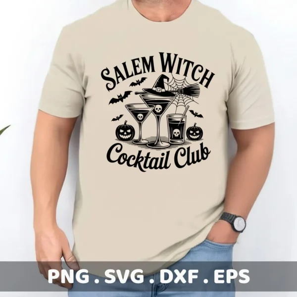 A man wears a t-shirt with a "Salem Witch Cocktail Club" design featuring spooky drinks, bats, pumpkins, and a witch's hat, intended for Cricut cutting or serigraphy applications.