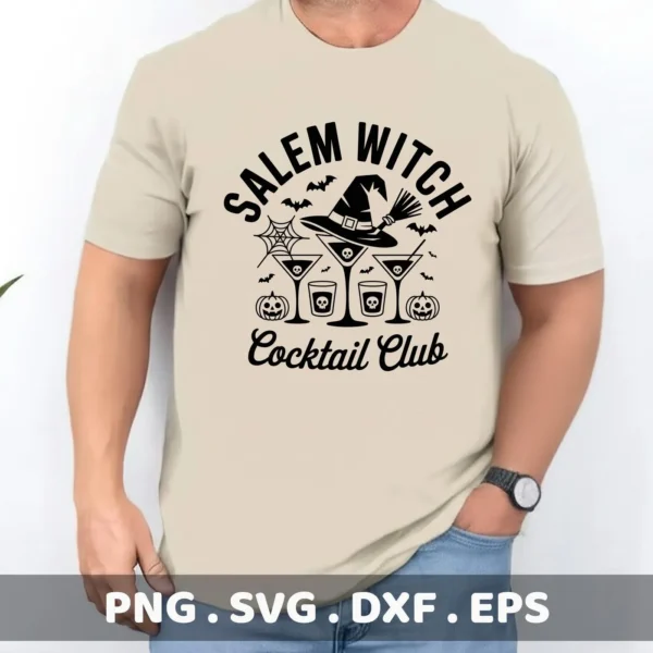 A man wears a t-shirt with a "Salem Witch Cocktail Club" design, featuring a witch hat, cocktails with skulls, bats, and pumpkins, intended for Cricut cutting or serigraphy applications.