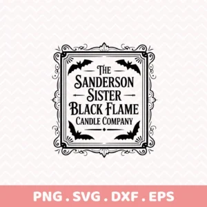 A black and white Sanderson Sisters Cricut design featuring bats and ornate frame, intended for cutting or serigraphy projects.