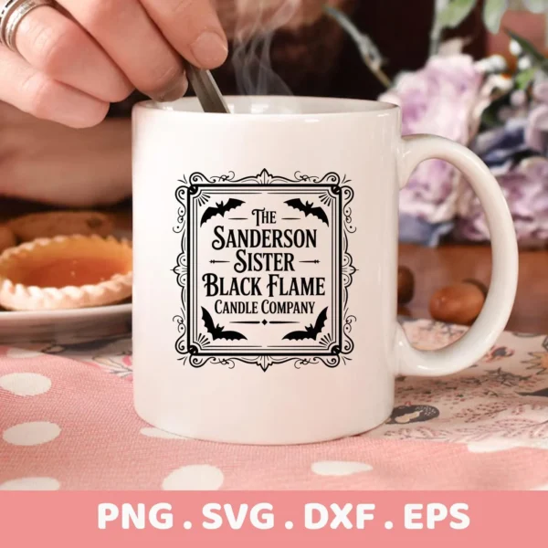 Close-up of a white mug featuring a "Sanderson Sisters Black Flame Candle Company" design, intended for Halloween-themed Cricut crafts and serigraphy projects.