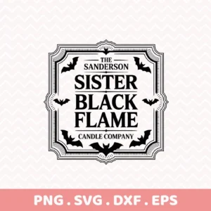 Black and white Sanderson Sister Cricut Design featuring bats and decorative frame, intended for cutting machines to create Halloween-themed candle labels.