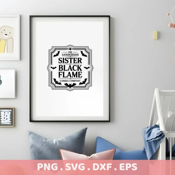 A framed Sanderson Sister Cricut Design, featuring a vintage-style candle label with bats, intended for cutting machines or screen printing.