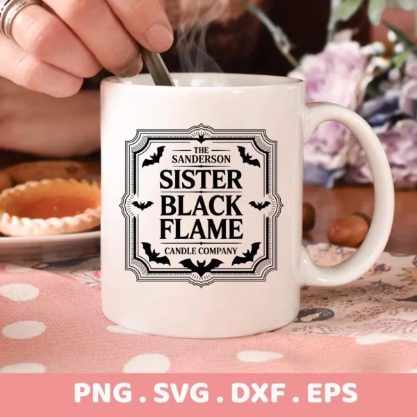 A white mug displays a Sanderson Sister Cricut Design, styled as a vintage candle label with bats, intended for cutting machines or serigraphy.
