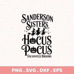 Hocus Pocus Cricut design featuring the Sanderson Sisters on broomsticks, pumpkins, and text; for cutting and serigraphy applications.