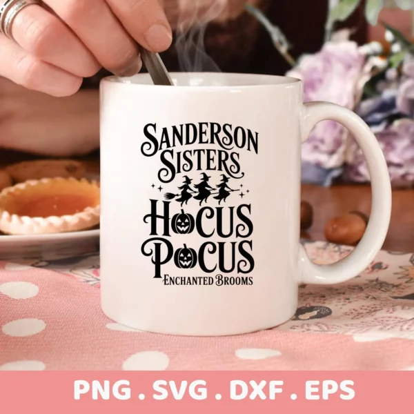 Hocus Pocus Cricut design featuring the Sanderson Sisters on a mug, ready for cutting or serigraphy.
