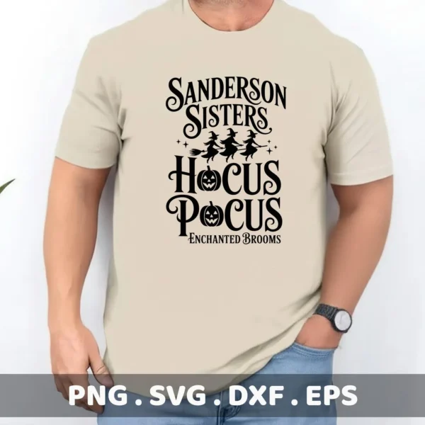 Hocus Pocus Cricut design featuring the Sanderson Sisters on broomsticks, pumpkins, and text; for cutting and creating Halloween-themed apparel.