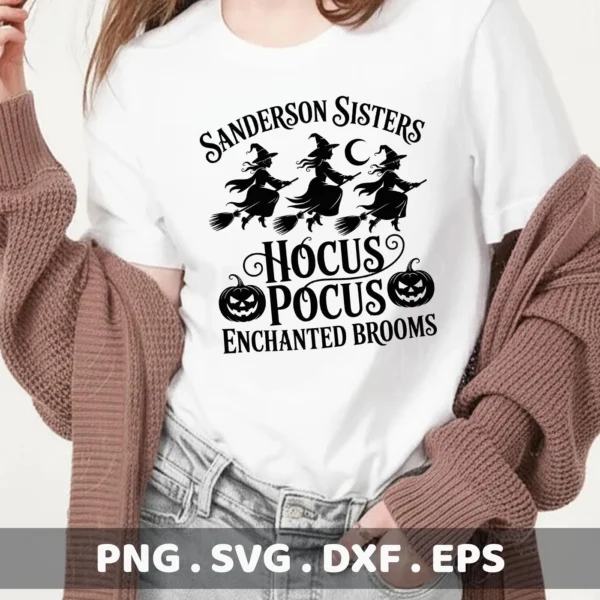 A "Hocus Pocus Cricut Design" featuring the Sanderson Sisters on broomsticks, intended for Halloween-themed cutting and serigraphy projects.