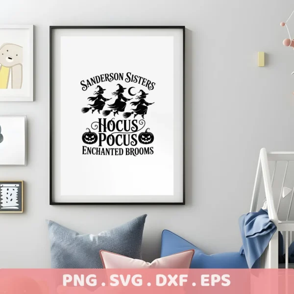 Hocus Pocus Cricut Design" featuring the Sanderson Sisters on brooms, ideal for Halloween-themed cutting projects and serigraphy.