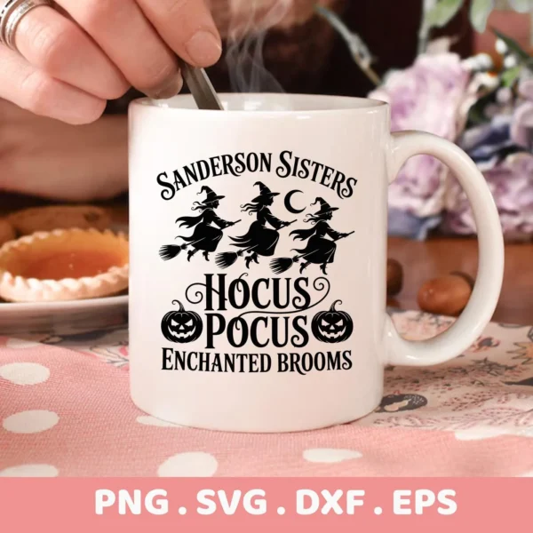 Close-up of a mug featuring a "Hocus Pocus Cricut Design" with the Sanderson Sisters riding brooms, intended for cutting machines or serigraphy.