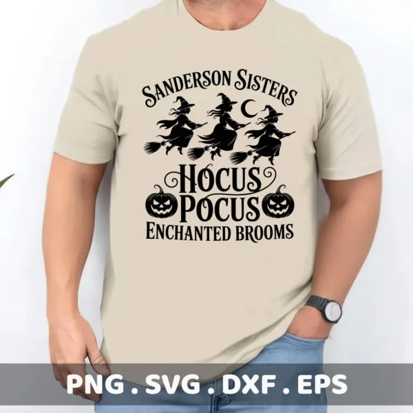 A "Hocus Pocus" Cricut design featuring the Sanderson Sisters on broomsticks, intended for cutting machines or serigraphy applications.
